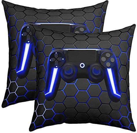 Set mit 2 Kissenbezügen, 40 x 40 cm, Gamer, für Jungen, Spielkissenbezug, für Schlafzimmer, Gamepad, mit Neonlichtern, dekorativ, quadratisch, blau, grau