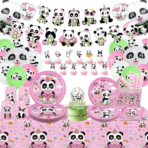 Obussgar Panda Geburtstag Dekorationen - Banner, Teller, Tassen, Tischtücher, Ballons für Mädchen Party (B)