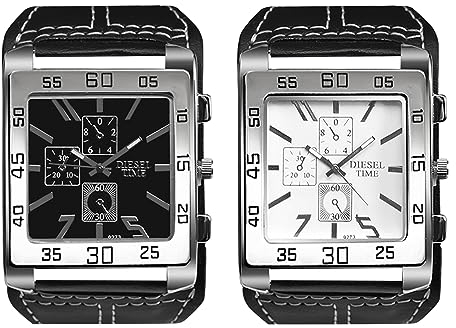 JewelryWe Uhren Herren Leder Quadrat - 2pcs Retro Punk Analog Quarz Armbanduhr Männer Große Uhr mit Schwarz/Weißem Rechteckigen Zifferblatt und Breit Leder Armband