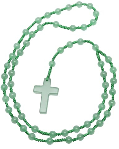 Nupuyai Kristall Kreuz Anhänger mit Grüner Aventurin Stein Rosenkranz Kette für Damen Herren, Katholische Edelstein Gebetskette Kreuz Halskette Heilstein Reiki Schmuck