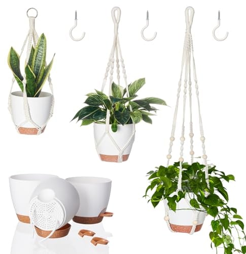 Bamworld Maceteros Decorativos Interior Juego De 3 Macetero Colgante para Plantas con Maceta Colgante Ligera, De Ratán, En Blanco, para Decoración De Hogar, Jardín, Balcón Y Techo