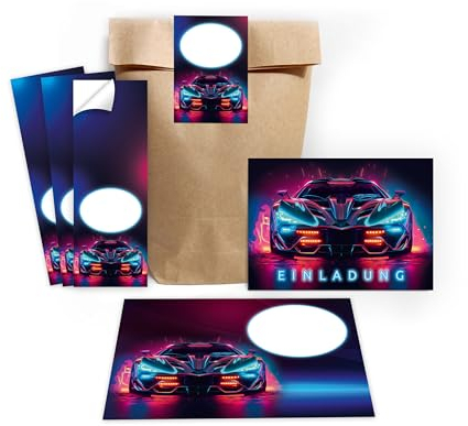 Minkocards 12 Einladungskarten Kindergeburtstag Junge Auto Rennauto Einladungen Jungsgeburtstag Rennwagen incl. 12 Umschläge, 12 Partytüten/natur, 12 Aufkleber