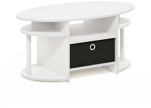 Furinno Jaya Ovaler Couchtisch mit schlichtem Design und Abfalleimer, Weiß/Weiß/Schwarz