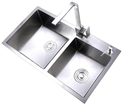 Fregadero Doble De Acero Inoxidable, Fregadero De Cocina Con Grifo Lavabo Cuadrado Moderno, Diseño De Ranura Grande Y Pequeña Para Lavar Vajillas, Verduras Y Frutas (720x400mm)