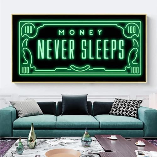 CHAOJIART Inspirierende Wandkunst: Never Sleeps Green Flash Money, Leinwandgemälde an der Wall Street, Kunstbilder für Heimdekoration, 30 x 60 cm, rahmenlos