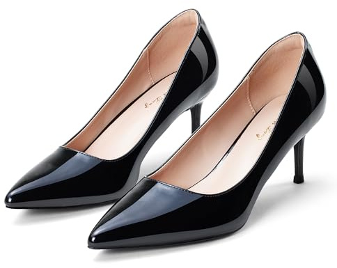 Elisabet Tang Kitten Heel Low Pumps 2.4 Inch Closed Pointed Toe Short Sexy Comfort Women Dressy Shoe at Work Office Date Prom Party Wedding Church Black Patent Size 9