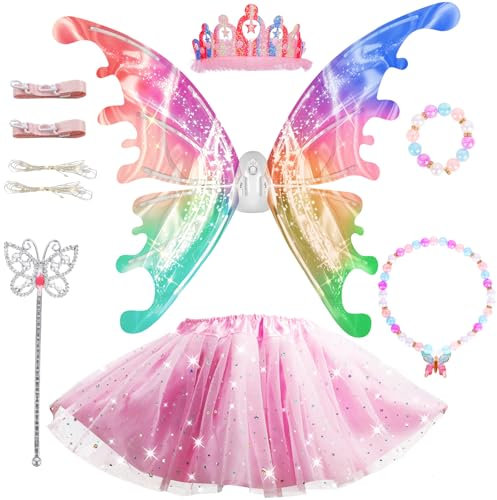 Nouveau Ailes électriques avec robe de princesse pour fille, Light Up Moving Butterfly Wings enfants avec LED Light&Music, costume de princesse avec couronne/baguette magique/bracelets Ailes de fée