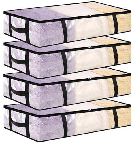 4 Pack 90L Large Under Bed Storage Bags, Clear Underbed Storage Bag with Lid Clothes Storage Bedroom Storage Under Bed Storage Organiser PP Fabric for Quilt, Blanket, Clothing, Shoes
