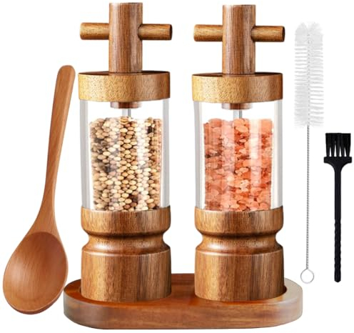 Auciej Pfeffermühle Holz Salzmühle Manuell Gewürzmühle Set Verstellbarem Keramikmahlwerk Salz und Pfeffermühle mit untersetzer für Gewürze Pfeffer Salz 2er Set Höhe: 18 cm
