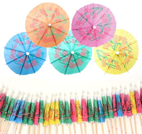 Werownsgso Lot de 144 parapluies à cocktail, en bois multicolores, réutilisables, en papier, pour boissons tropicales, fête hawaïenne, accessoires de bar