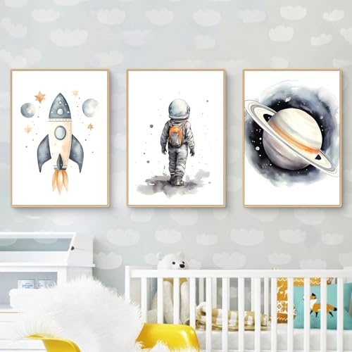 Ueiwffzo 3er Poster Set Bilder Kinderzimmer, Cartoon Astronaut Rakete Planet Wandbilder ohne Rahmen, Niedliche Wanddeko für Babyzimmer Wohnzimmer Kinderzimmer (A,50 x 70 cm)