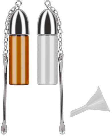 Chstarina 2 Pack Bottles with Spoon, Glass Snuff Bottles, with Small Funnel, Spice Powder Tool, Portable Small Storage Bottle Kit, Pocket Bullet Vial (Clear and Brown)