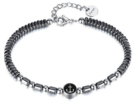 ATEIELLI Bracciale Uomo con Pietra Biliare Nera e Acciaio Inox 19-23cm Ancora o Croce Braccialetto Sottile B336 (Ancora)