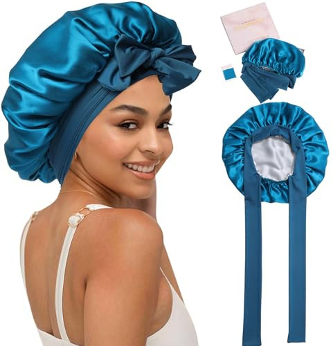Coubeau Doppelseitig 100% Seidenhaube zum Schlafen - 19 Momme Maulbeerseide Schlafmütze aus Seide für Lockiges und Krauses Haar (Blau/Silber)