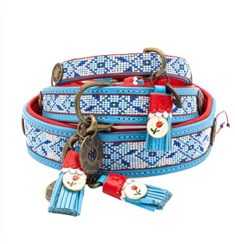 Dog with a Mission - Hundehalsband S | Dutchie, Blau und Rot mit Perlen | Boho und Hippie | Ideal für kleine Hunde | Handgemacht | Modisch und Bunt | Aus weichem Echtes Leder | 2 cm Breit