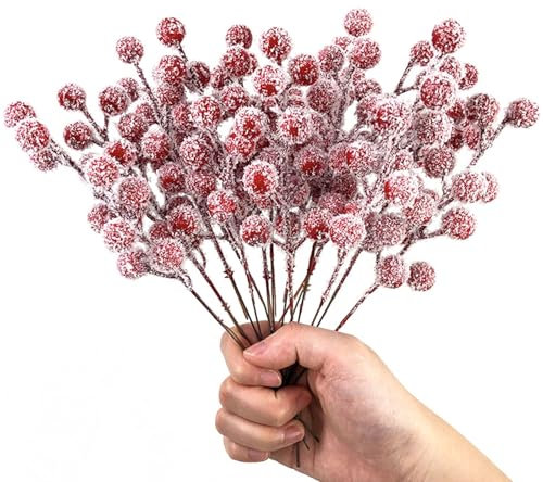 OTKARXUS Künstliche rote Beeren für Weihnachten, 20 Stück, verschneite Stechpalmenbeeren, Winterbeeren, Zweige für Weihnachtskranz, Weihnachtsbaumschmuck, Heimdekoration, Party-Dekoration
