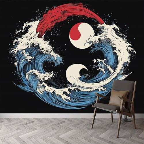 Wandtapete Wellensymbol im Japanischen Stil Fototapete, Japanische Kunst Tapeten Wandtapete, 400 x 280 cm (B x H) Wanddeko Tapete Design Wand Dekoration Tapete Wohnzimmer Schlafzimmer Büro