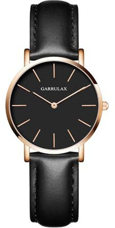 Garrulax Damen ultradünnes Gehäuse Analoge Quarzuhr Armbanduhren 36MM(Gold, Schwarze Oberfläche, schwarzes Leder)