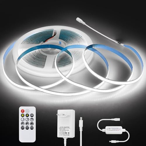 Aclorol COB LED Streifen 10M Kaltweiss LED Strip Dimmbar 24V mit Netzteil und Fernbedienung Hohe Dichte Flexible Litch Band 6000K für TV Küche Unterbau Schränke Spiegel Home Deko 8mm Breite 320Leds/M