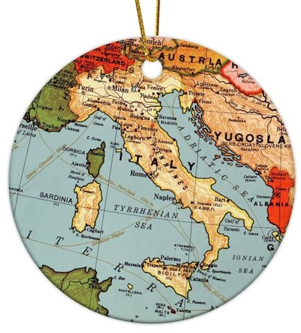 Weihnachtsschmuck 2024 Karte Italien hängende Ornamente historische Aquarell Reisekarte Souvenir Sammlerstück Geschenk für Urlaub Dekoration Keramik Kreis 7,6 cm Weiß