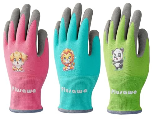 Plusawa 3 Pairs Kids Gardening Gloves Non-Slip,Breathable & Flexible Protective Glove with Palm Latex Coating for Girls and Boys (M)
