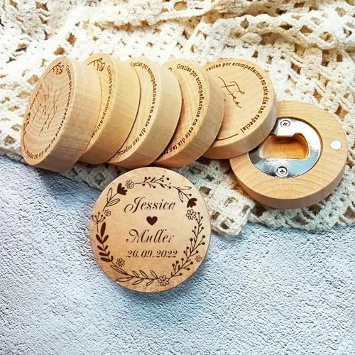 Personalized Bottle Opener Wedding Favors, Custom Engraving Name Wooden Fridge Magnet Round Bottle Openers for Wedding Guest Favors Engagements, Birthday, Baby Baptisms(100pcs)
