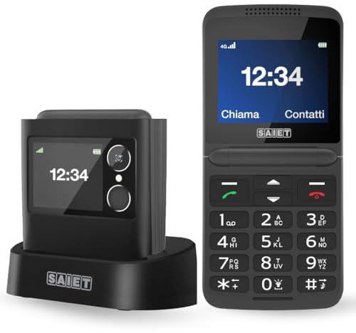 SAIET Cellulare per Anziani 4G Facile da Usare con SOS e Display a Colori | Joy Flip Telefono a Conchiglia Compatto con Tasti Grandi, Base di Ricarica, Bluetooth e Fotocamera