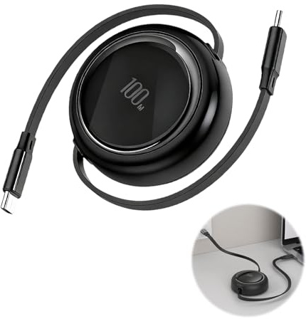 Tuwonwa Retractable USB C to USB C Charger Cable 100W Fast Charging Lead with 5 Adjustable Lengths (0.2m/0.4m/0.8m/1m/1.2m) Auto Rewind Tangle-Free Type C Cable, Retractable Charging Cable