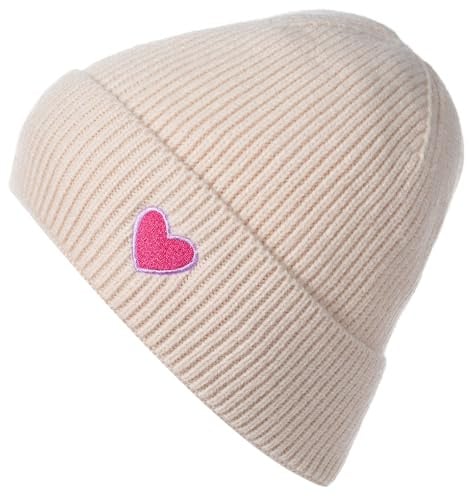 styleBREAKER Damen Strick Beanie mit Herz Stickerei & Fleece Futter | Warme Wintermütze Einheitsgröße 56-59 cm | Weiche gefütterte Beanie Mütze, Farbe:Beige