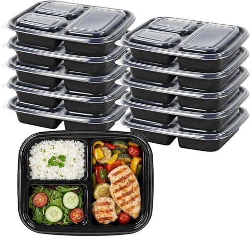 Greenfields Meal Prep Containers 10 Pack – 3 Compartment 1000ml (35oz) – BPA-Free Reusable Lunch Boxes with Lids – Microwave, Freezer & Dishwasher Safe – Stackable Food Storage Boxes (Black)