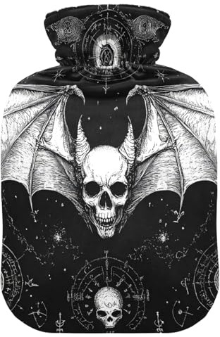 Evil Skull Wärmflasche mit weichem Bezug, 2 l Wärmflasche für Nacken- und Schulterschmerzen, Bauchwärmer, Bolsa de Calor para Dolor Menstruation, Schwarz