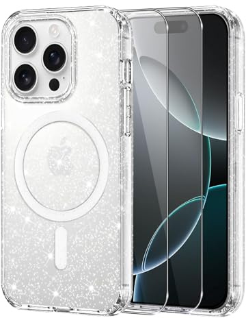 Knrlqim Cover per iPhone 16 Pro Max Compatibile con MagSafe, Brillantini | Custodia Magnetica Trasparente TPU, 2x Vetro Temperato, Antiurto Antigraffio, Glitzer Case per iPhone 16 Pro Max, Anti-Giallo