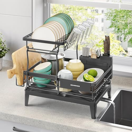 SONGMICS Abtropfgestell Geschirr, 360° drehbarer und ausziehbarer Ablauf | Geschirr-Abtropfständer, 42 x 31 x 36,5 cm, Abtropfschale, Besteckhalter, Küche, Schiefergrau, PATALLA Kollektion KCS551G101