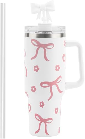 FIDWALL 40oz Tumbler with Handle and Straw,Bow Stainless Steel Insulated Water Cup,Reusable Leakproof Large Capacity Tumbler for Juice Coffee,Come with Bow Straw Cover,for Girl and Women.