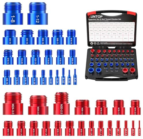 XUNTOP 44PCS Nut and Bolt Thread Checker for Screw Measurement | included 23 Standard & 21 Metric, Aluminium Alloy Thread Gauge Box Set, Suitable for Auto Repair and DIY