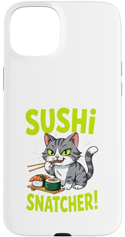 Hülle für iPhone 15 Plus Sushi Snatcher – Lustige Cartoon-Katze, die Sushi-Design