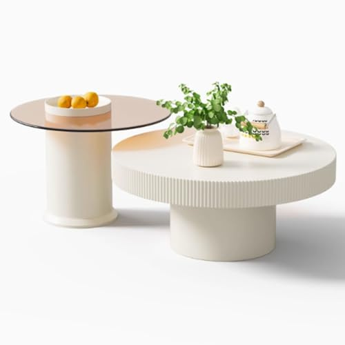 Lot de 2 tables basses gigognes rondes en bois avec plateau en verre trempé pour salon, chambre à coucher, petits espaces