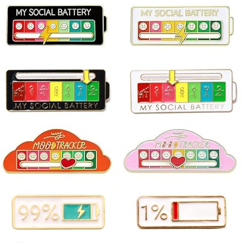 8 PCS Social Battery Badge, My Social Battery Pin, Adjustable Mood Indicator, Scale Pins Set for Social Events and Work Environments, White Black Orange Pink Cloud and Sports Designs