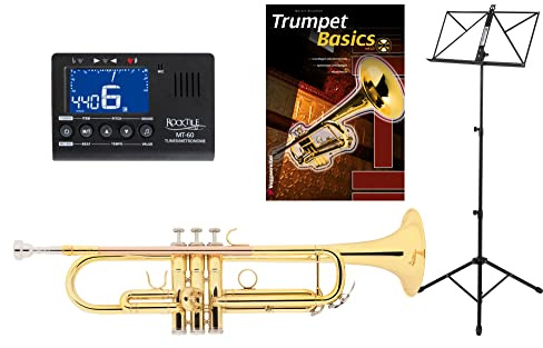 Classic Cantabile TR-30L Bb-Trompete Set (Schallbecher Messing 123 mm, Mundrohr Goldmessing, Monel-Ventile, Bohrung 11,65 mm, Notenständer, Stimmgerät/Metronom/, Schule) Gold