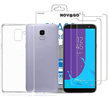 NOVAGO Pack 2 en 1 Compatible avec Samsung Galaxy J6 2018/J600 1 Coque Souple et Solide Transparente + 2 Films en Verre trempé résistants Anti Casse écran (Films Plus Petits Que l'écran) (Transparent)
