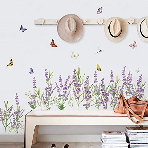 decalmile Adesivi Murali Lavanda Fiori Adesivi da Parete Baseboard Erba Battiscopa Decorazione Murale Soggiorno Camera da Letto Soggiorno Sala da Pranzo