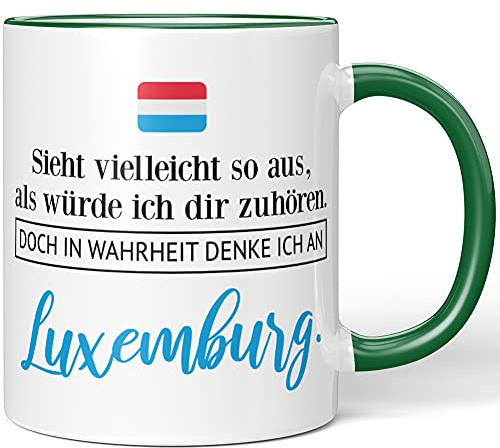 JUNIWORDS Tasse, Sieht vielleicht so aus, als würde ich dir zuhören. Doch in Wahrheit denke ich an Luxemburg (1001311), Wähle Farbe, Grün