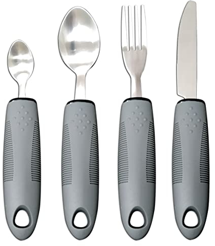 Extra Wide Handles Easy Grip Cutlery Set, Chunky Handles, Corfort Grips Disability Ideal Dining aid for Elderly Disabled Arthritis Parkinson's Disease Tremors Sufferers (4PCS Grey)