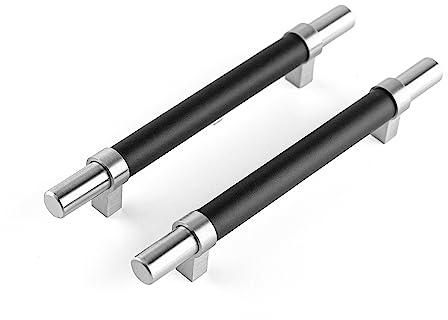 Brute Strength Steel/Leather Handles Silver/Black 128 mm centres Pack of 4 | Steel and full-grain leather drawer and cabinet handles for kitchen, bathroom, dresser and wooden furniture
