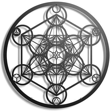Metall-Wanddekoration. Schwebende Wandskulptur aus Stahl mit Schatten. (43 x 31 cm, Metatron-Würfel)
