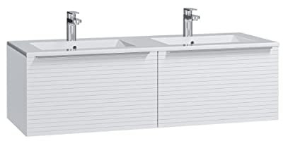Vente-unique - Meuble de Salle de Bain Suspendu strié Blanc avec Double Vasque à encastrer - 120 cm - LATOMA