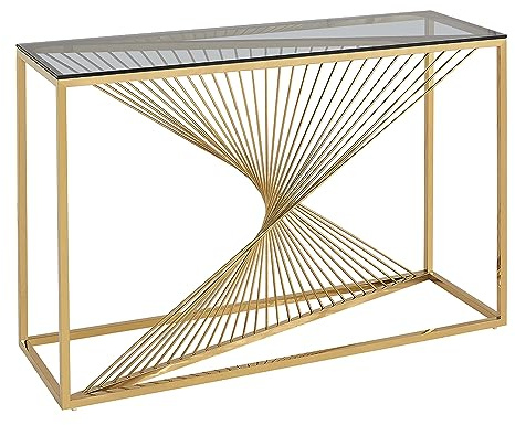 PS Global Lori Console Table & End Table 8mm Smoke Blue Tempered Glass Golden Stainless Steel (Console Table)