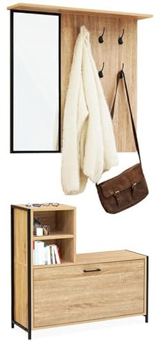 IDMarket - Garderobe Detroit mit Spiegel und Schuhregal im Industriedesign