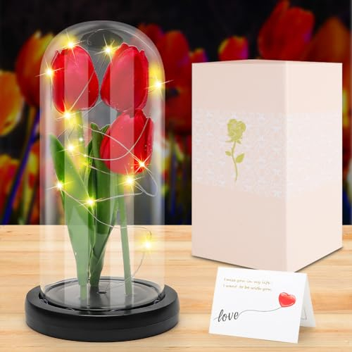 DASIAUTOEM Tulipe éternelle sous Cloche avec LED, Cadeau Maman, Rose éternelle, Tulipe Fleurs artificielles, Cadeau d'anniversaire pour Femme Fete des Meres Mère Petite Amie Grand-mère