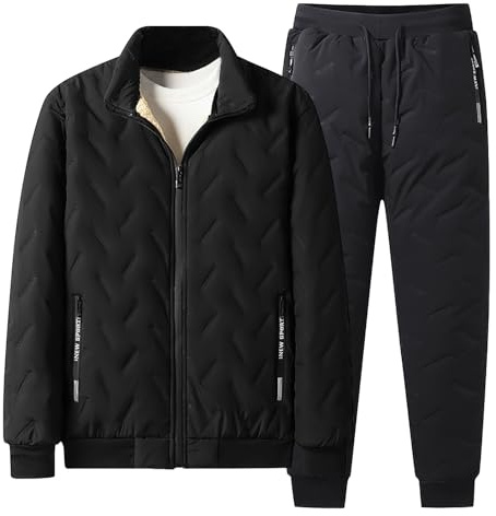 Jamron Herren Winter Warm Gesteppt Fleece Gefüttert Trainingsanzug Set Thermo Fleecejacke und Jogginghose mit Reißverschluss Taschen